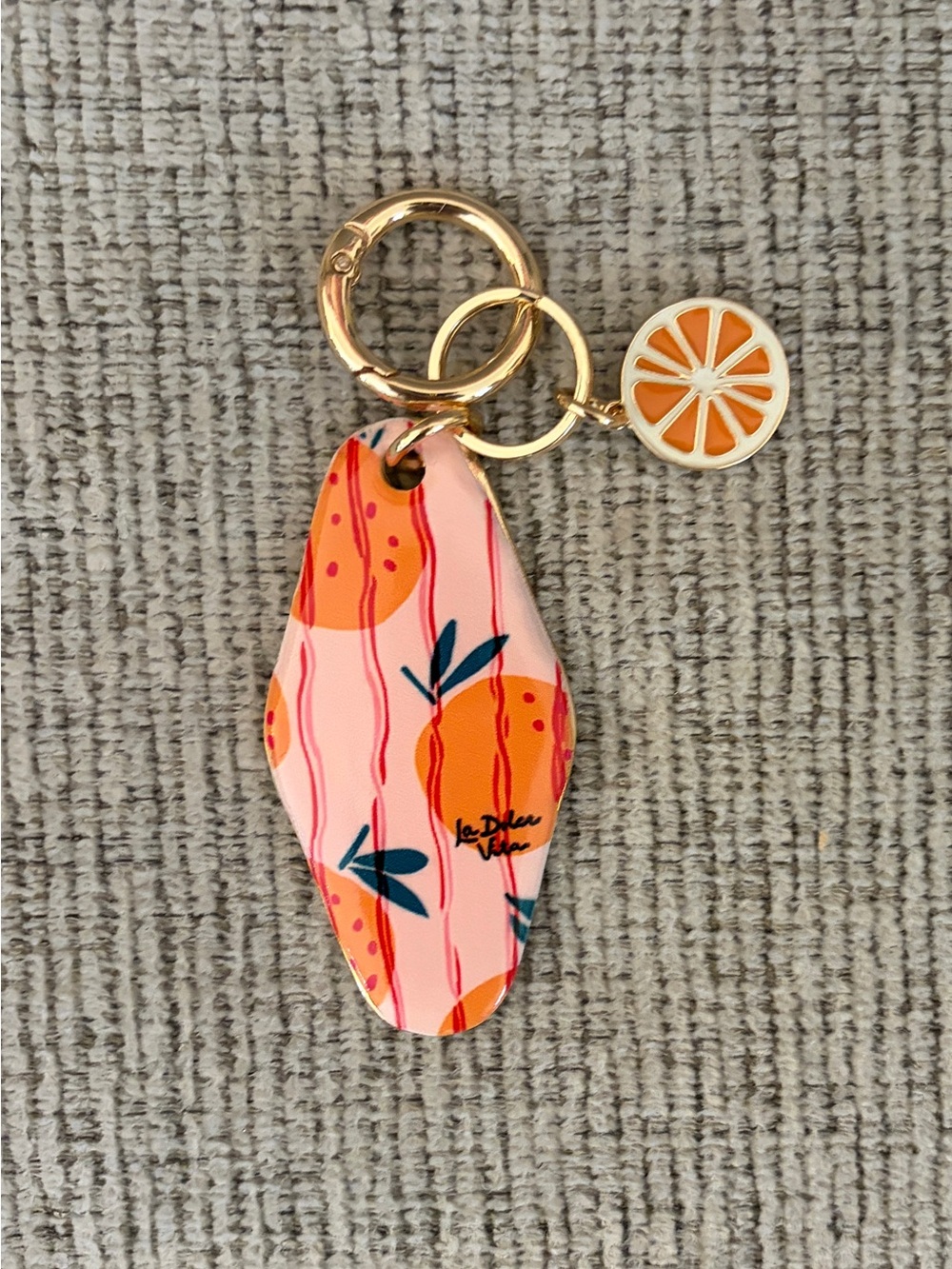 Bag Charm Keychain with Orange Fruit Print - Pink & Orange